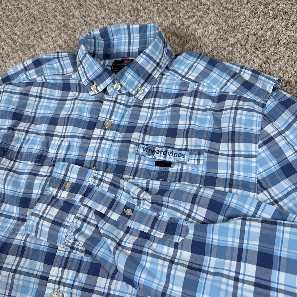 Vineyard Vines Harbor Shirt Mens Large Blue Plaid Performance Fishing‎ Nylon